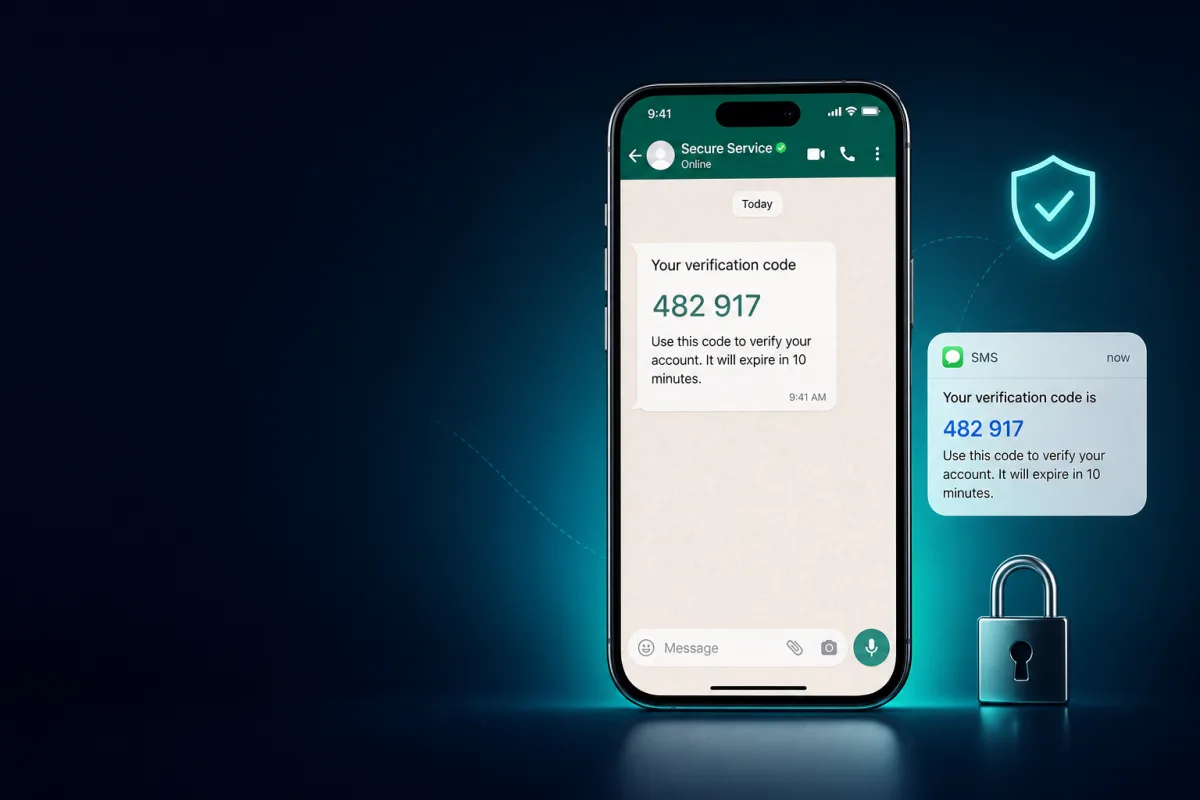 Smartphone showing a WhatsApp OTP verification code for secure login