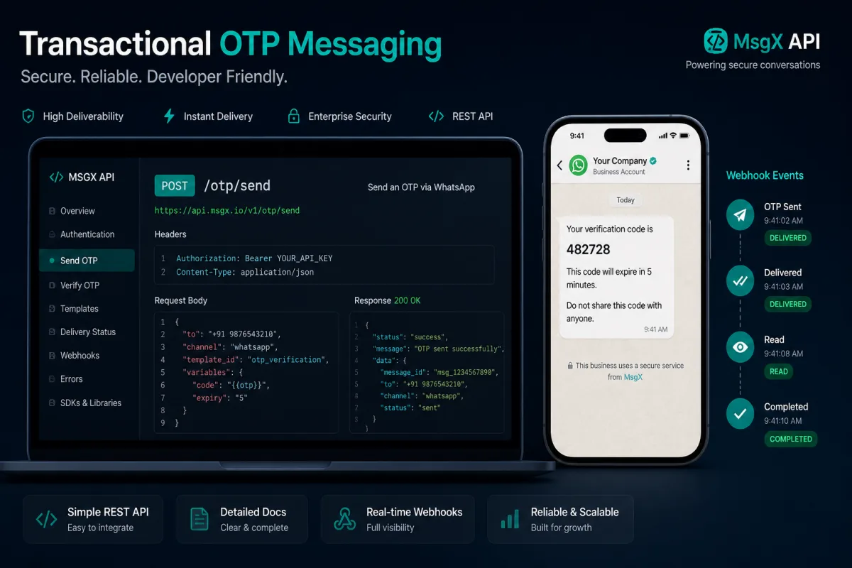 REST API sending OTP with webhook status and phone delivery